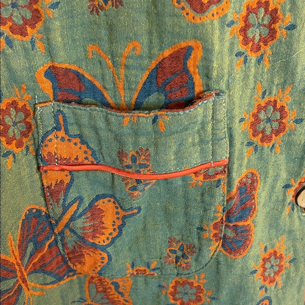 Boho Butterfly Print Cotton Blouse M Artisan Button Front Green Orange - Picture 3 of 10
